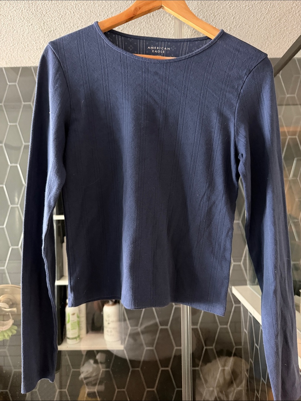 American Eagle Navy Ribbed Crewneck Long Sleeve Top